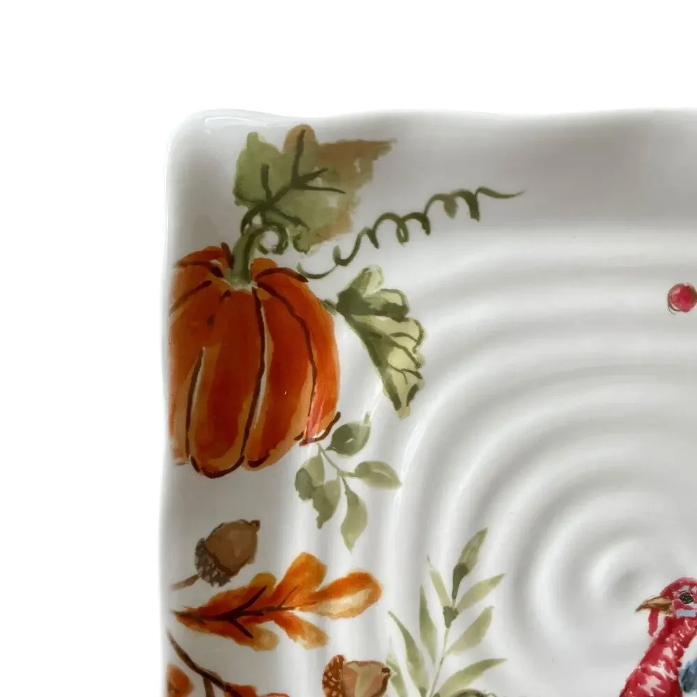 MAXCERA Thanksgiving Turkey Pumpkin Dinner Plates 11in Square Ceramic Set of 3
